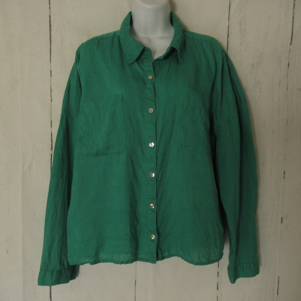 Rachel Zoe Top XL Green Linen Button Up Long Sleeve Boxy Beachy Vacation Preppy